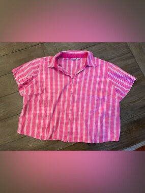 Cato Pink Plaid Zip Up Shirt Womens Plus 22/24W Short Sleeve Summer